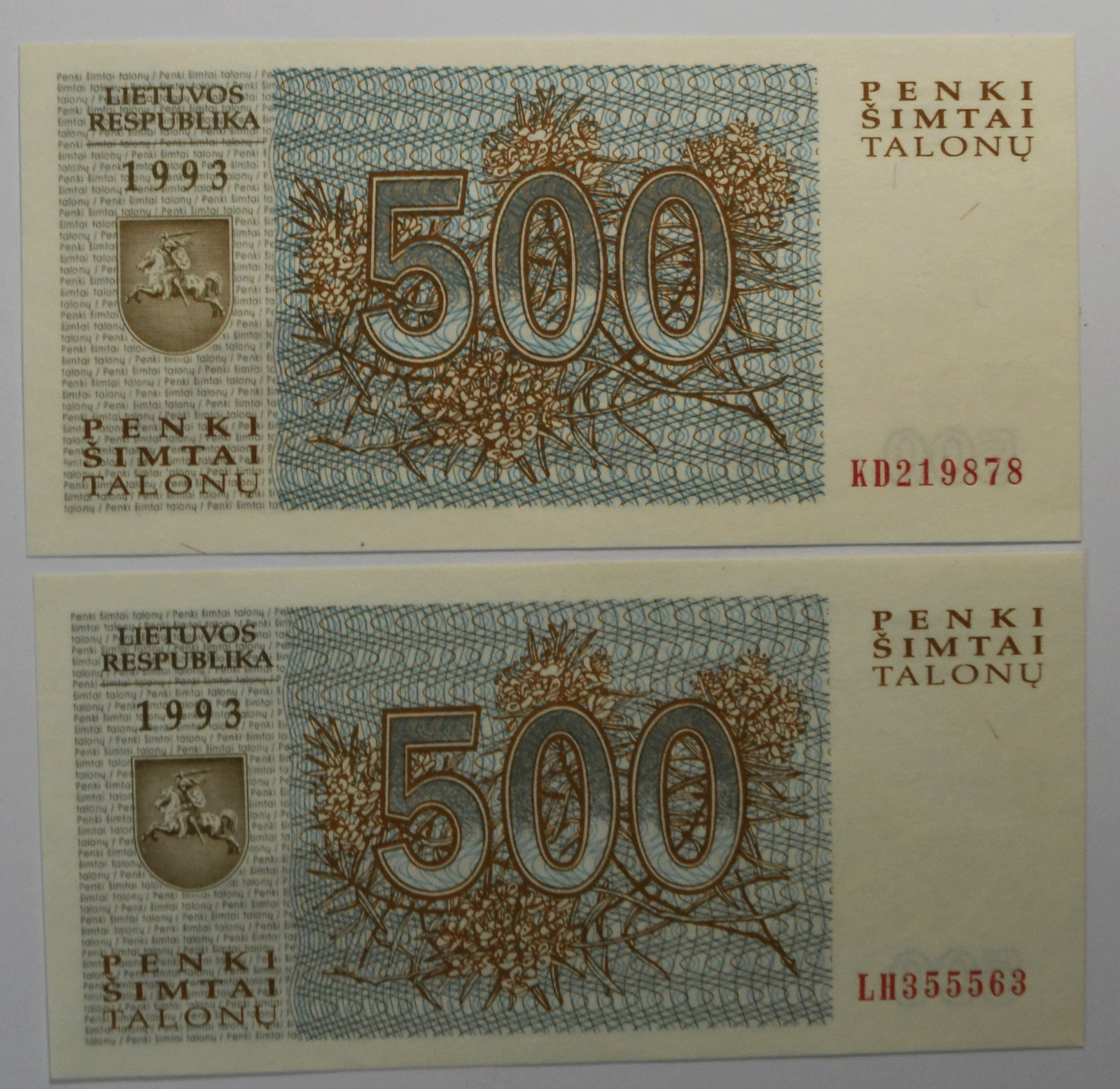 1993 Lithuania 500 Five Hundred Talonu Uncirculated Banknotes KD219878 LH355563