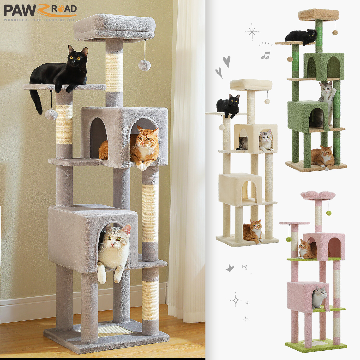 PAWZ Road Multi-Level Cat Tree Tower Scratching Posts with 2 Condos Ball 62"/71"