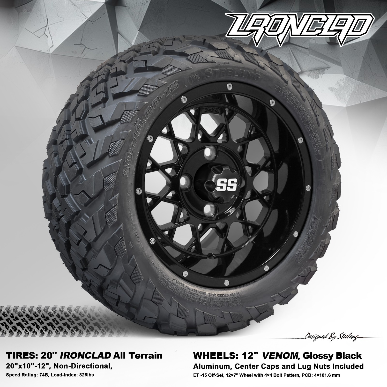 4x GOLF CART 12" BLACK VENOM WHEELS and 20"x10"-12" IRONCLAD A/T TIRES
