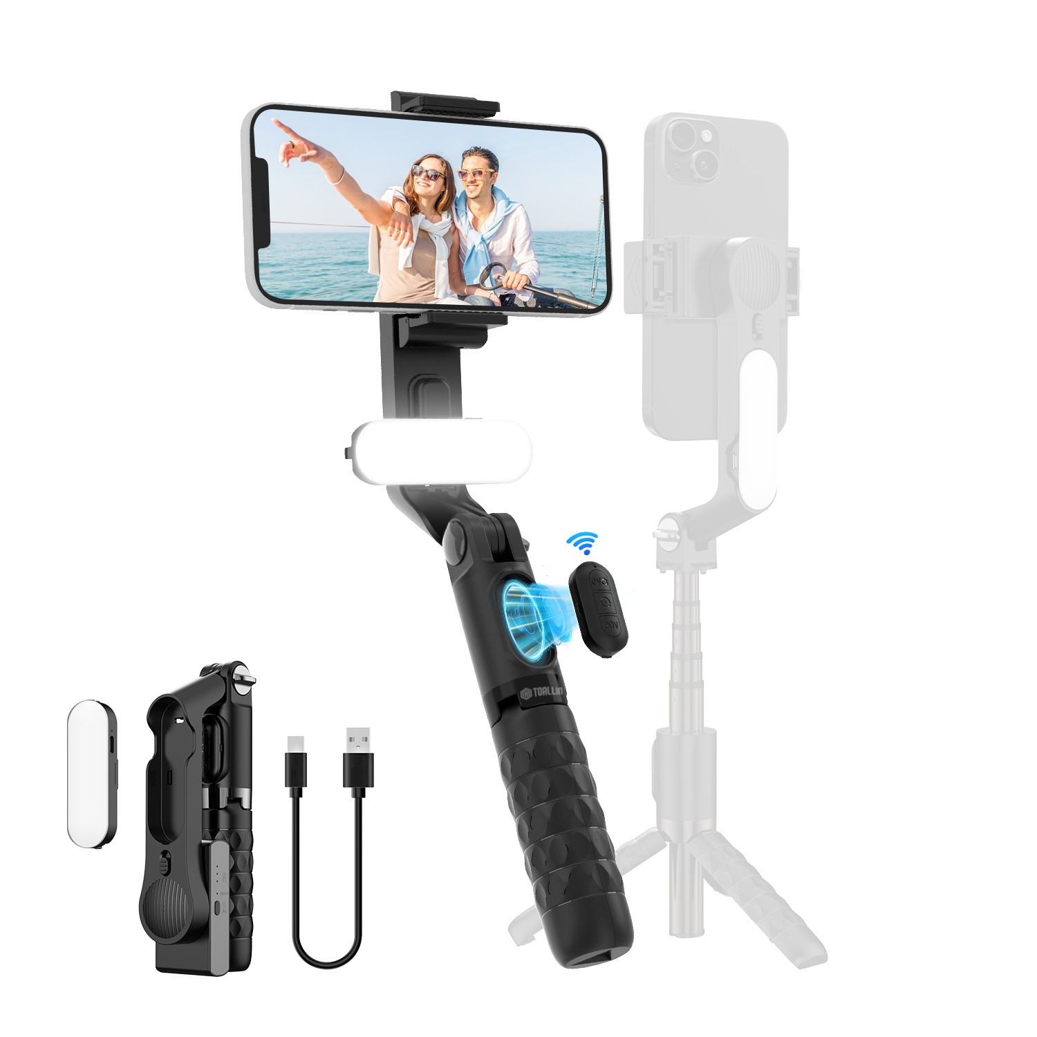 TOALLIN Gimbal Stabilizer for Smartphone,Foldable Selfie Stick, Adjustable Light