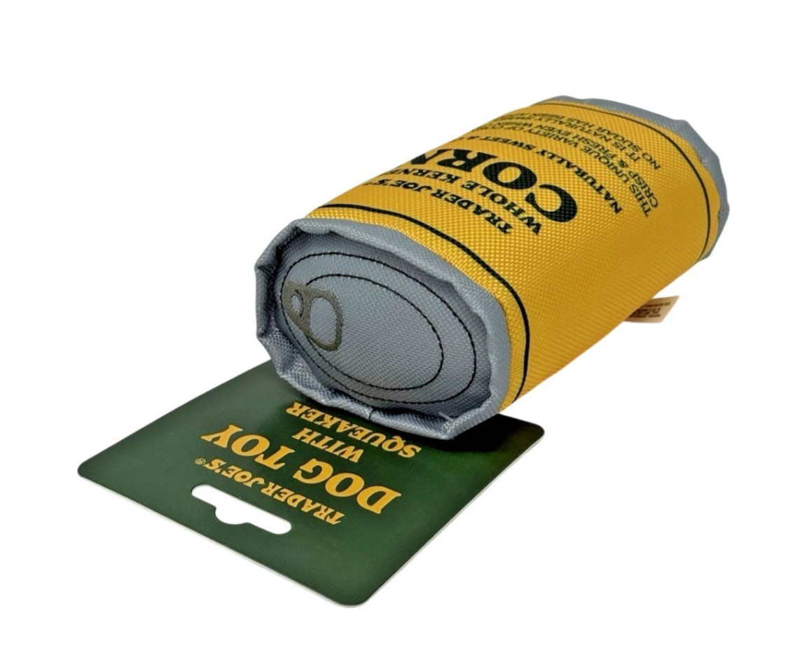 Trader Joe's Can of Corn DOG TOY with Squeaker Soft Pet Plush * NEW *