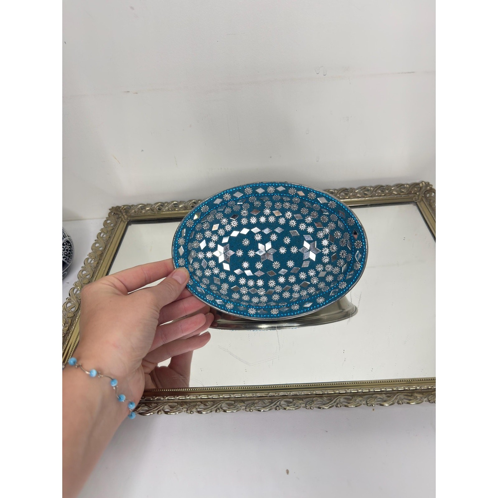 Vintage India Blue and Silver Mirroed Mosiac Tray for trinkets and jewelry