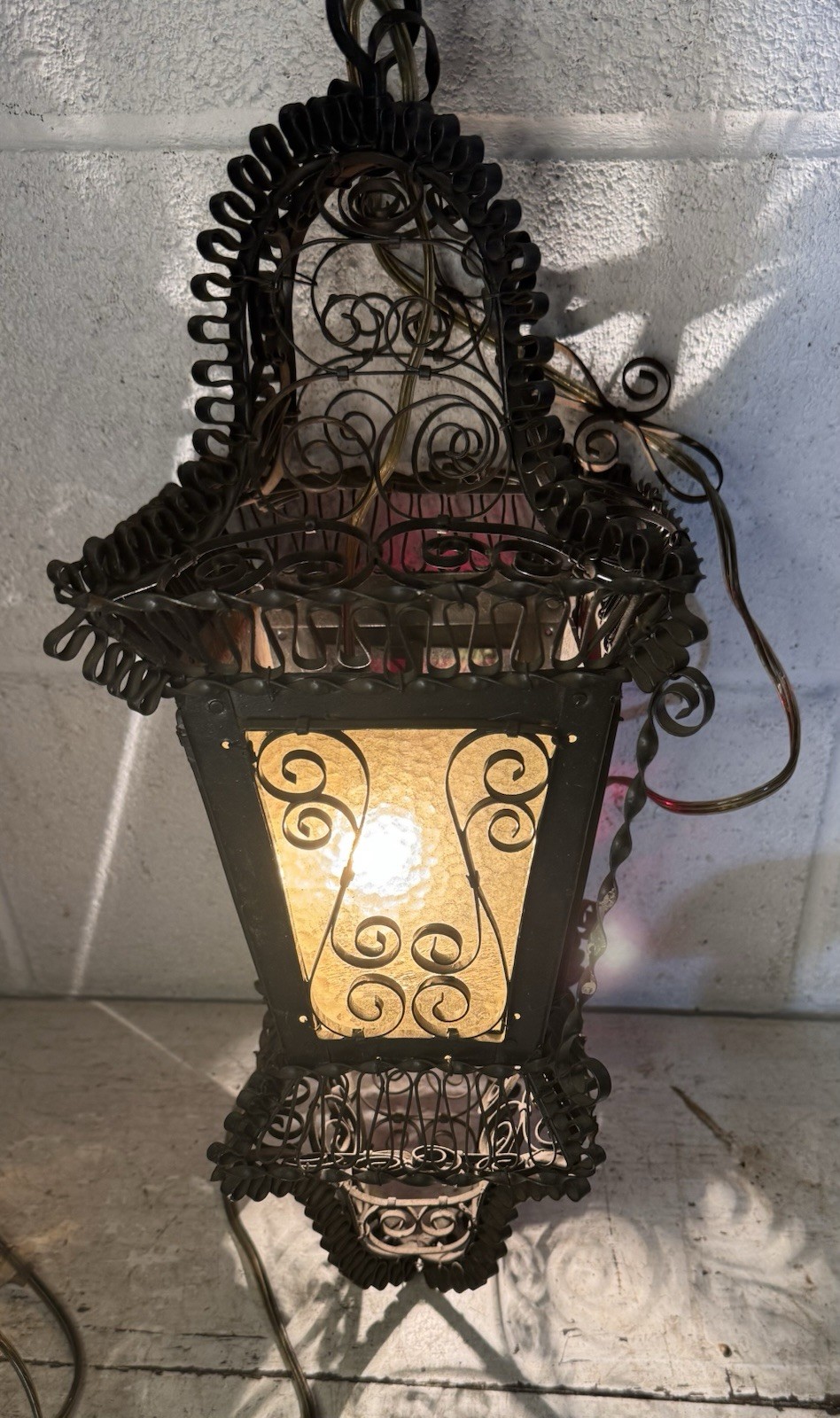 Antique Venetian Wrought Iron Lantern Hanging Electrified Light Gothic Italian