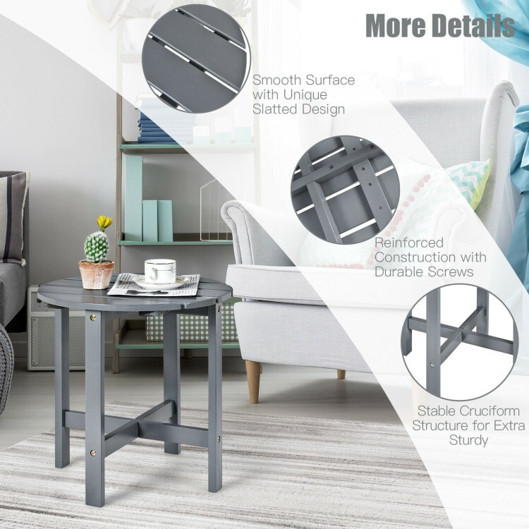 18" Patio Outdoor Garden Round Wooden Dining Side Table Wooden Slat Waterproof