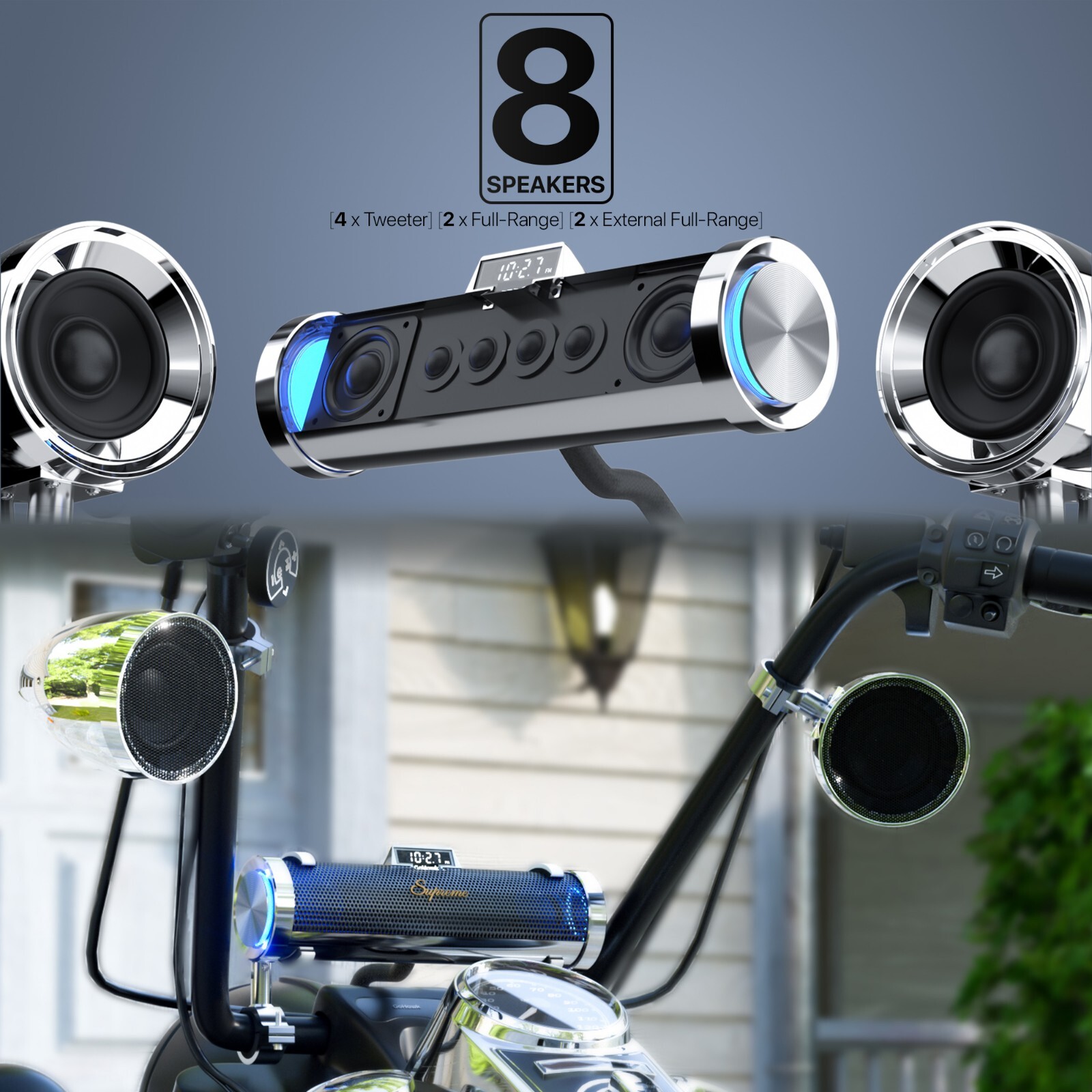 Waterproof Bluetooth Motorcycle Stereo Speaker Soundbar Audio MP3 System Chrome