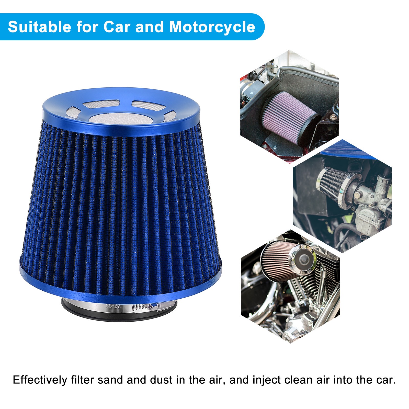 Clamp-On Dry Air Filter 3" (76mm) Cold Air Intake Cleaner Cone Replacement Blue
