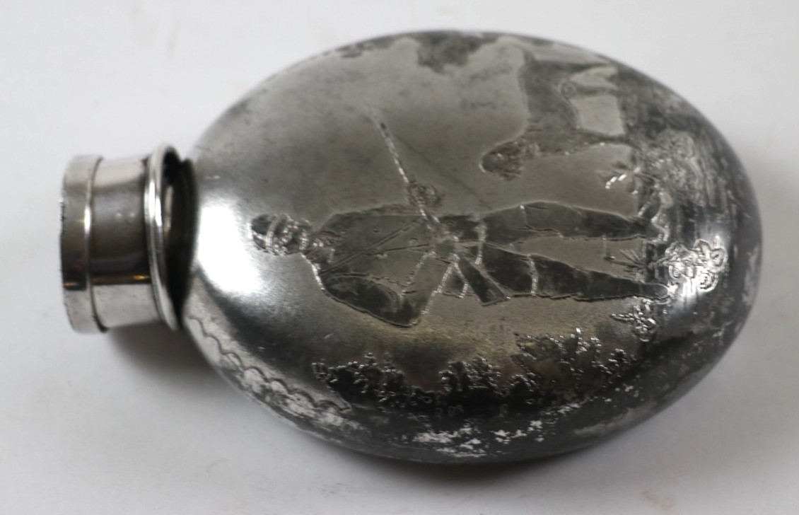 1888 Antique Silverplate Flask & Collapsible Cup/Lid w/ Monogram 5 1/2 x 4''