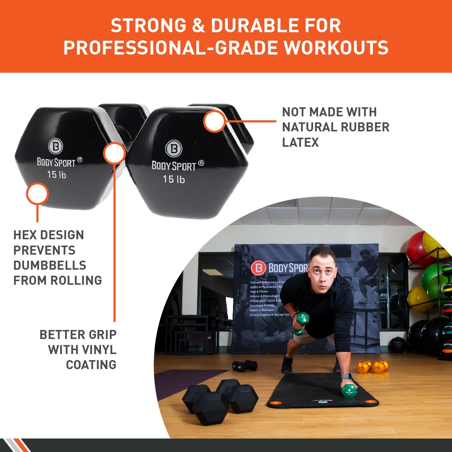 Body Sport Vinyl Coated Dumbbell – Exercises – Strength Training - 15 lb Pair