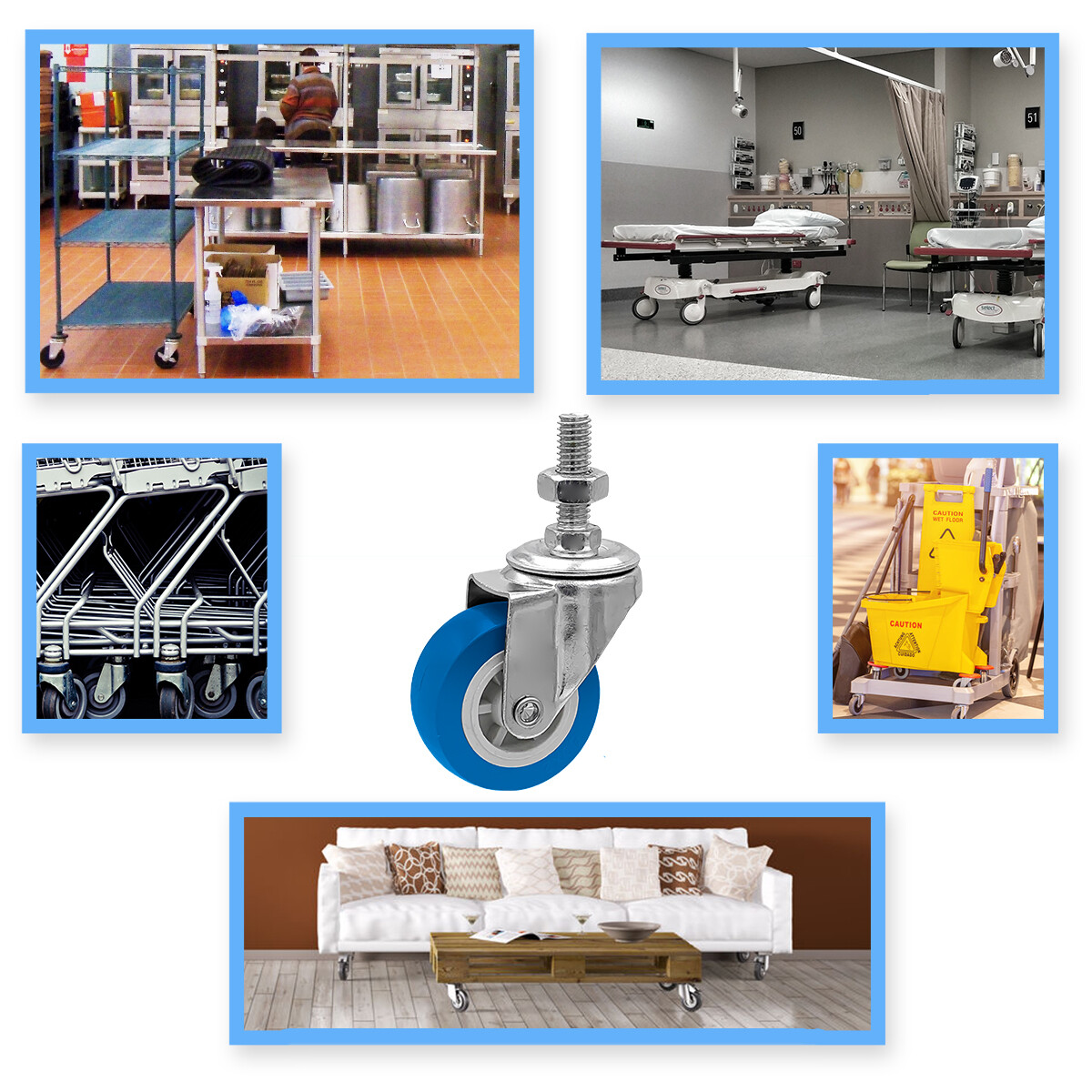 4 Pack 2 Inch Stem Caster Swivel Blue Polyurethane Caster Wheels