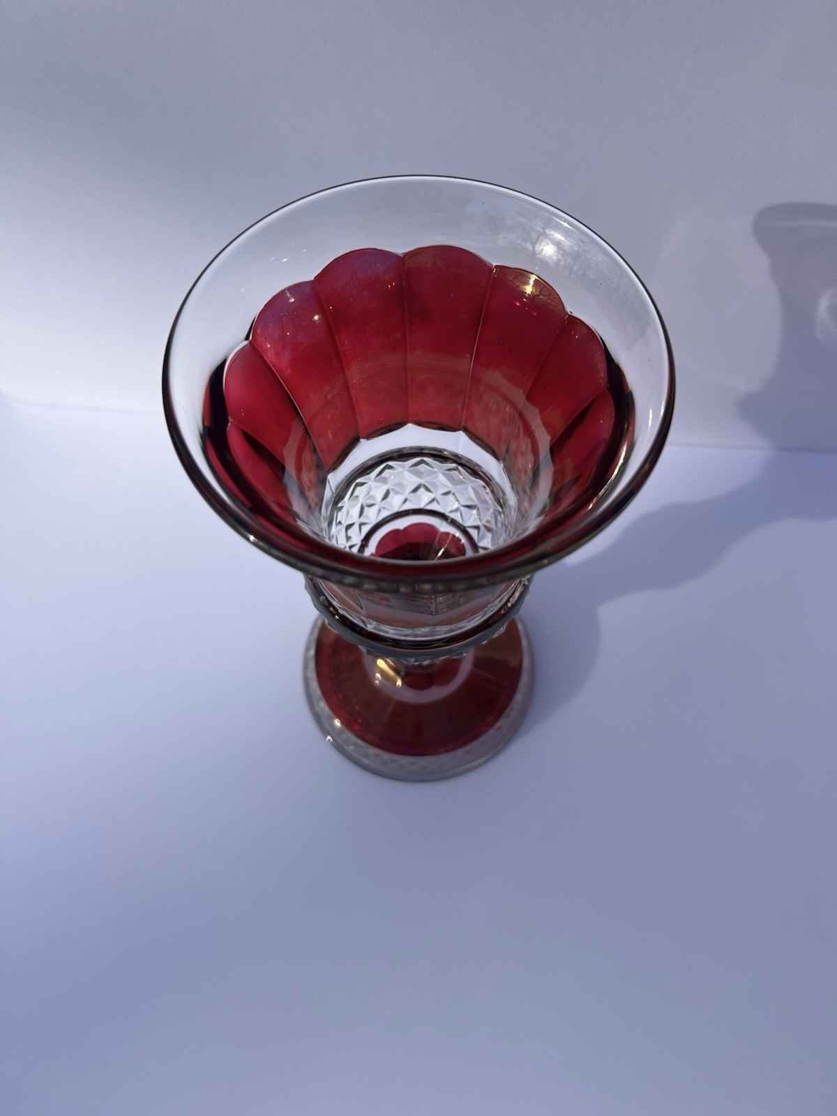 Antique 1890’s Victorian Ruby Flash EAPG 12 Panel Pedestal Celery Vase 10”