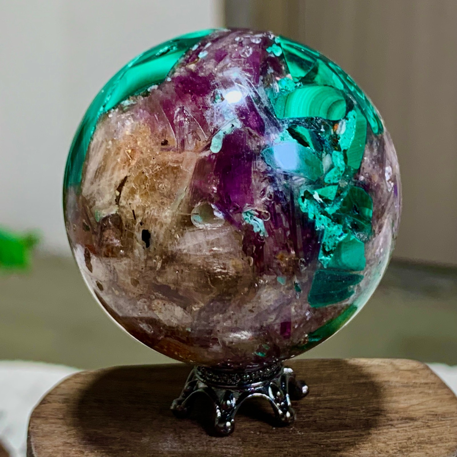105G Newly discovered rare malachite purple mica symbiotic sphere restoration