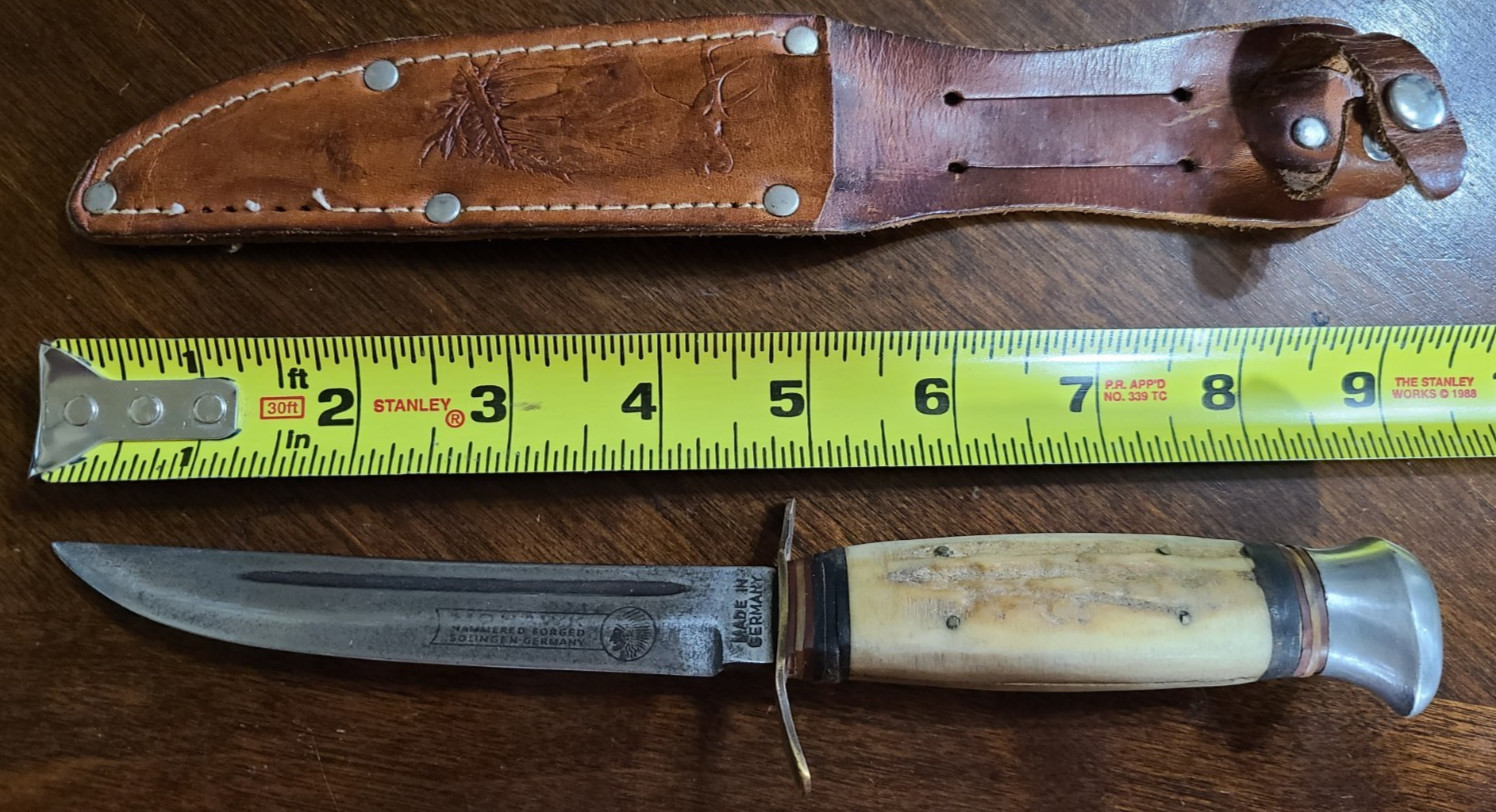 Mohawk Hammer Forged Stag Handle Fixed Blade Knife Germany Elk Embossed Sheath