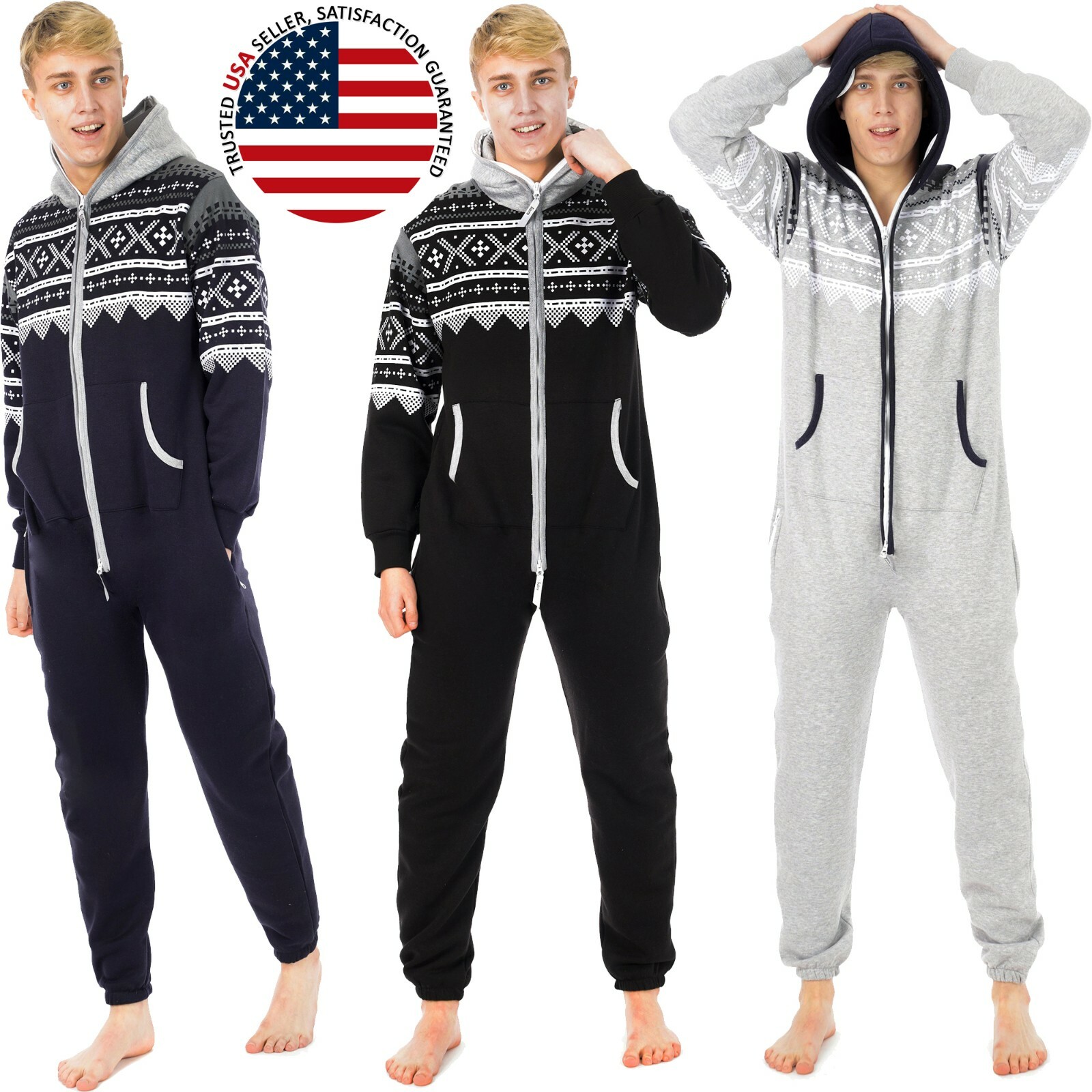Mens Unisex Hooded Onesie0 Adult Non Footed OnePiece Jumpsuit Pajamas Loungewear