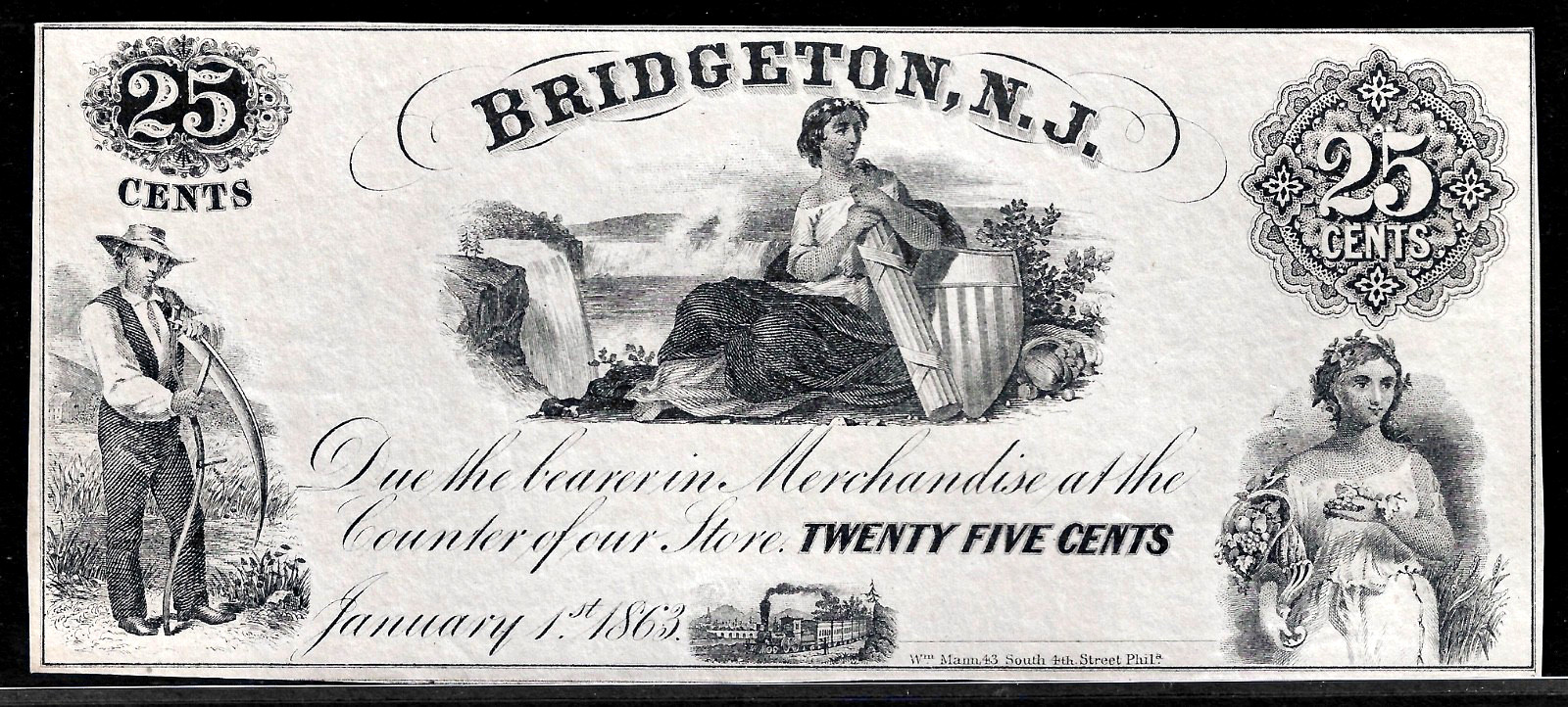 Jan 1, 1863 New Jersey Bridgeton Glass Works 25¢ Potter & Bodine Obsolete Note