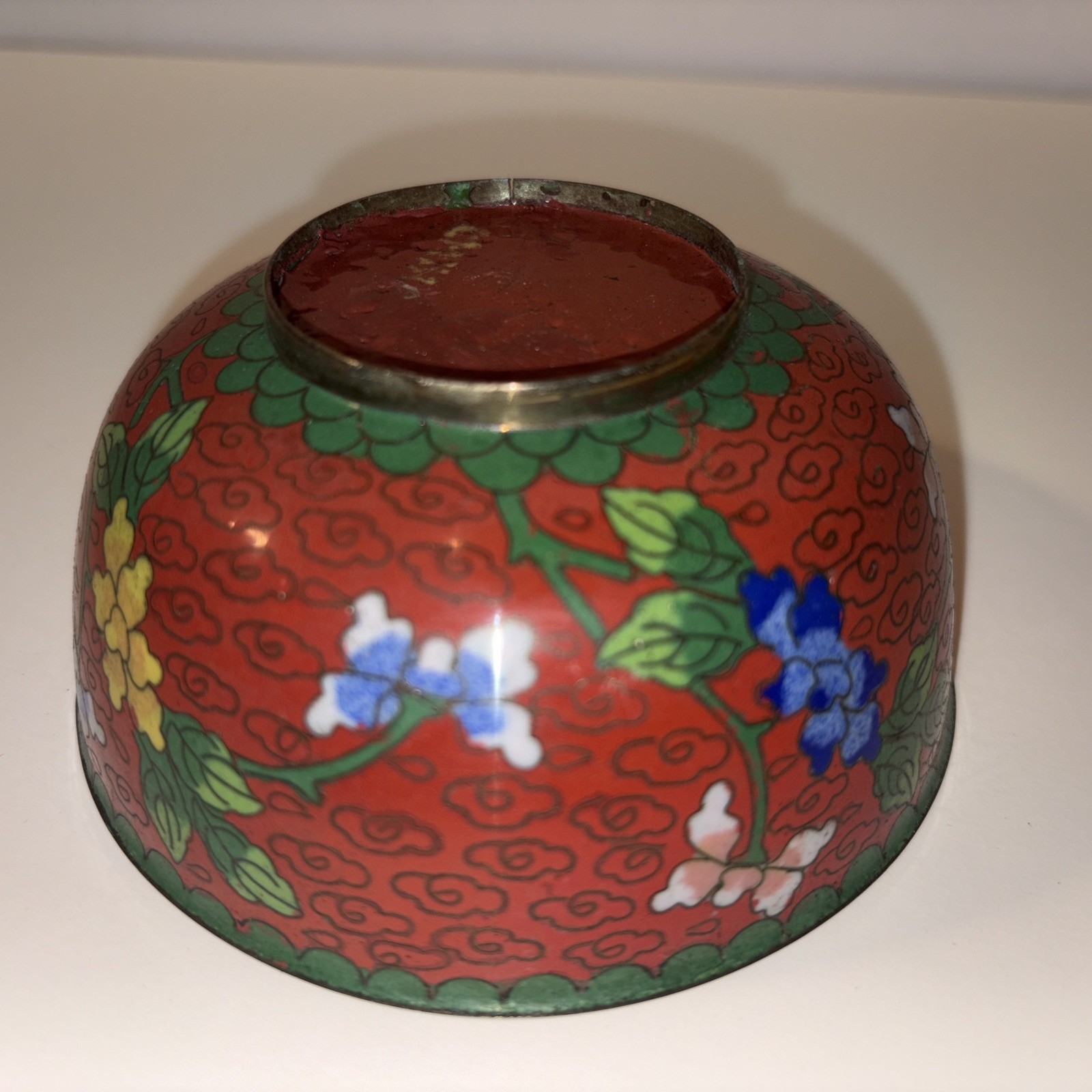 Vintage Cloisonné Enamel Bowl Maroon/green/blue China 4.5” Flowers