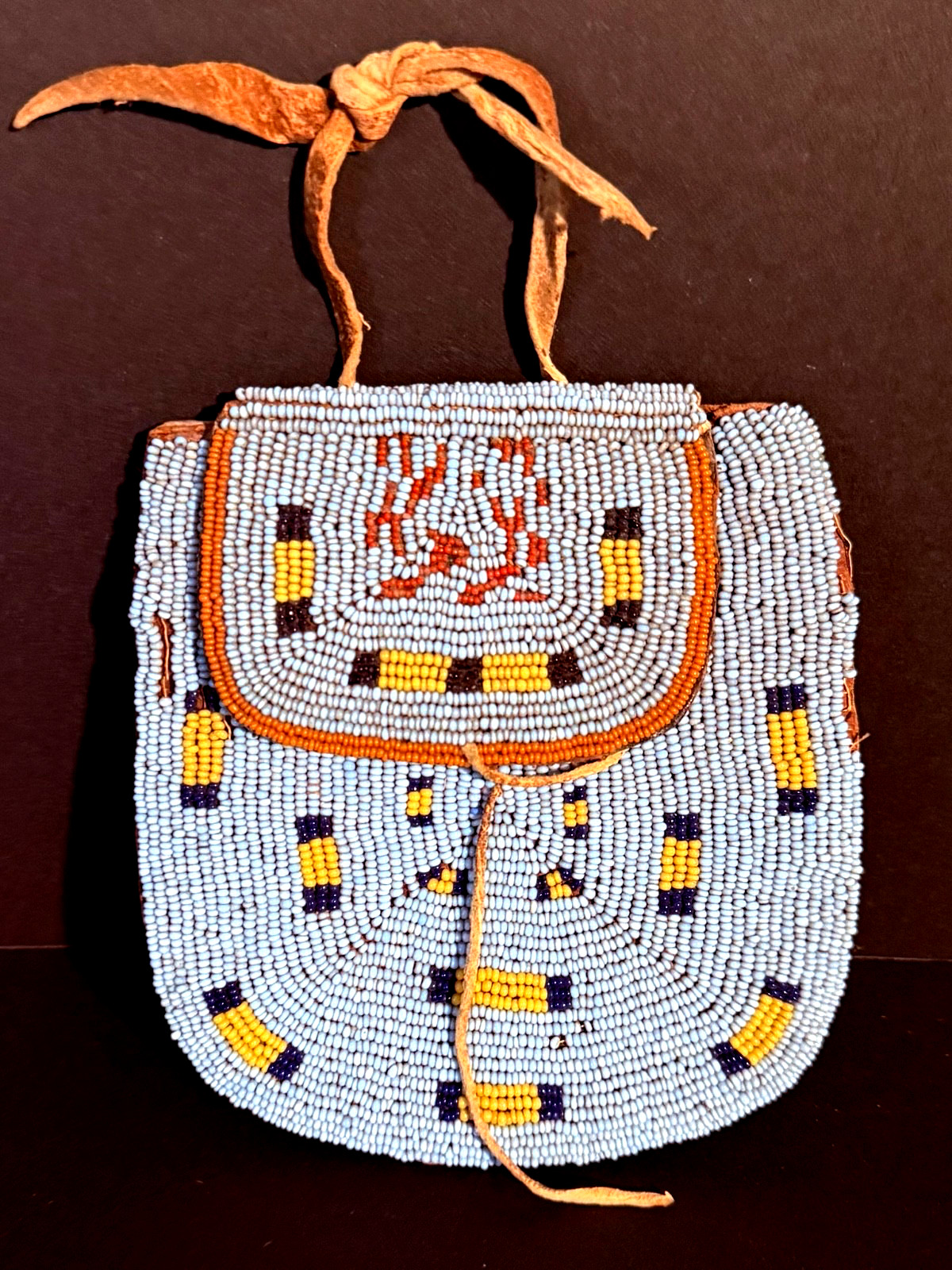 HISTORIC PLAINS BEADED HIDE POUCH,TURQUOISE BLUE GLASS BEAD BACKGROUND,EXCELLENT