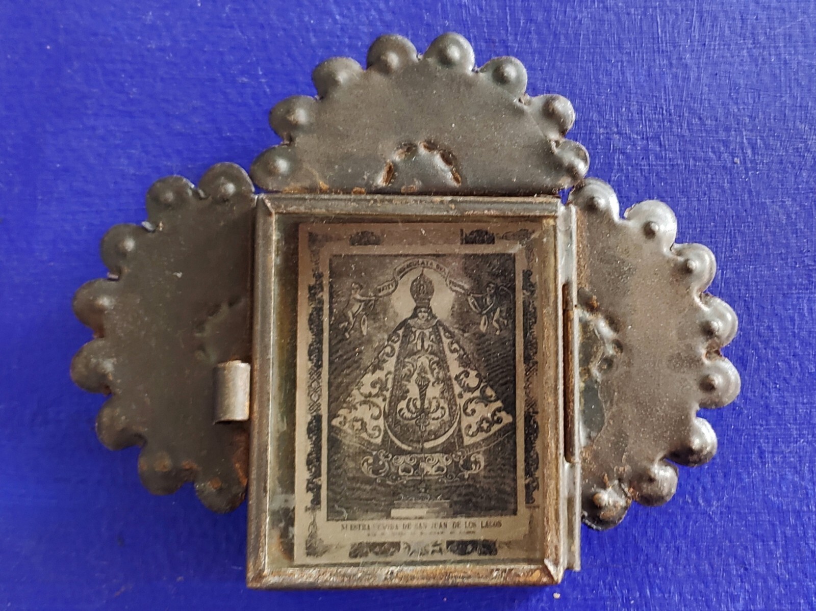 Rustic Mexican Virgen de San Juan de los Lagos tin wall hanging nicho folk art