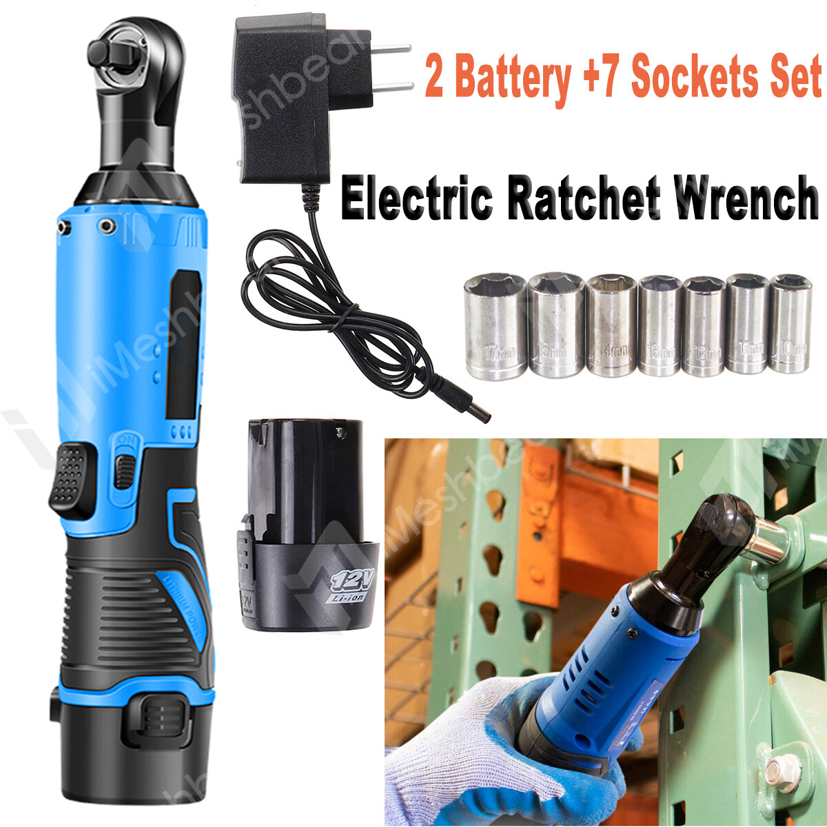 3/8" Cordless Electric Ratchet Right Angle Wrench Impact Power Tool +2 Batteries