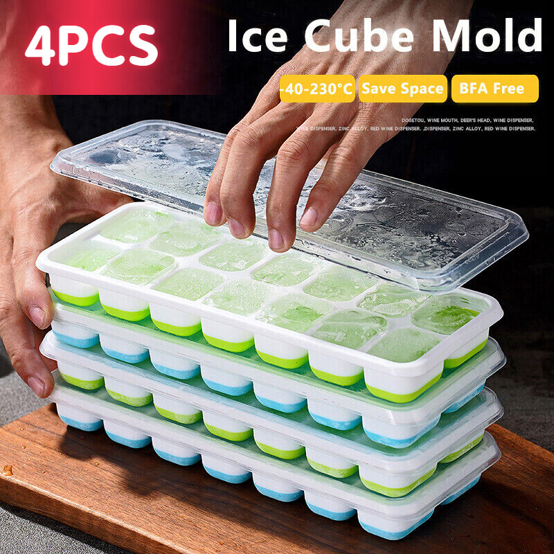 Ice Cube Tray with Lid, 4 Pack Durable Stackable Ice Cube Trays for Freezer with