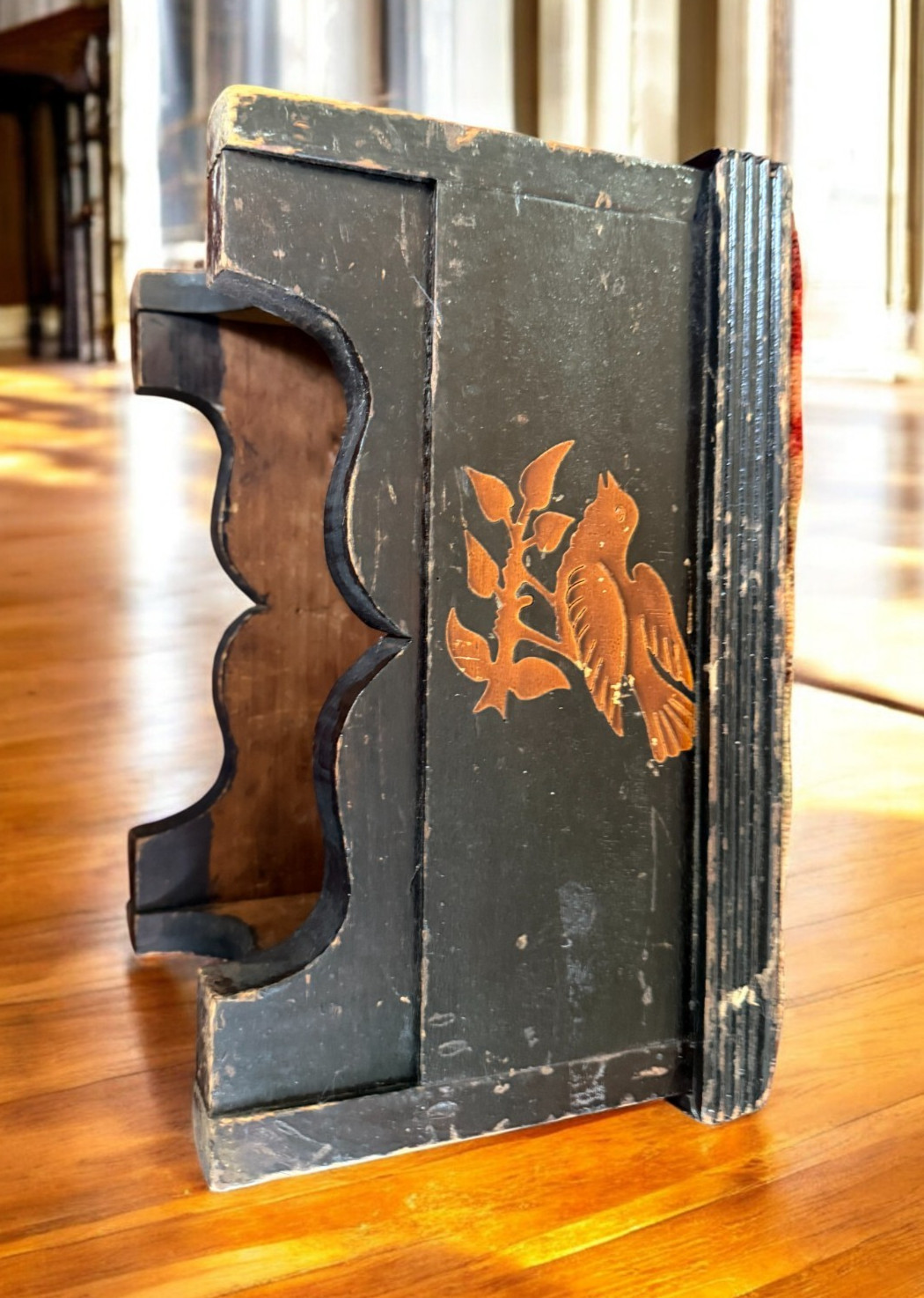 Vintage Floral Tapestry Footstool Wood Base Ottoman Inlaid bird eagle