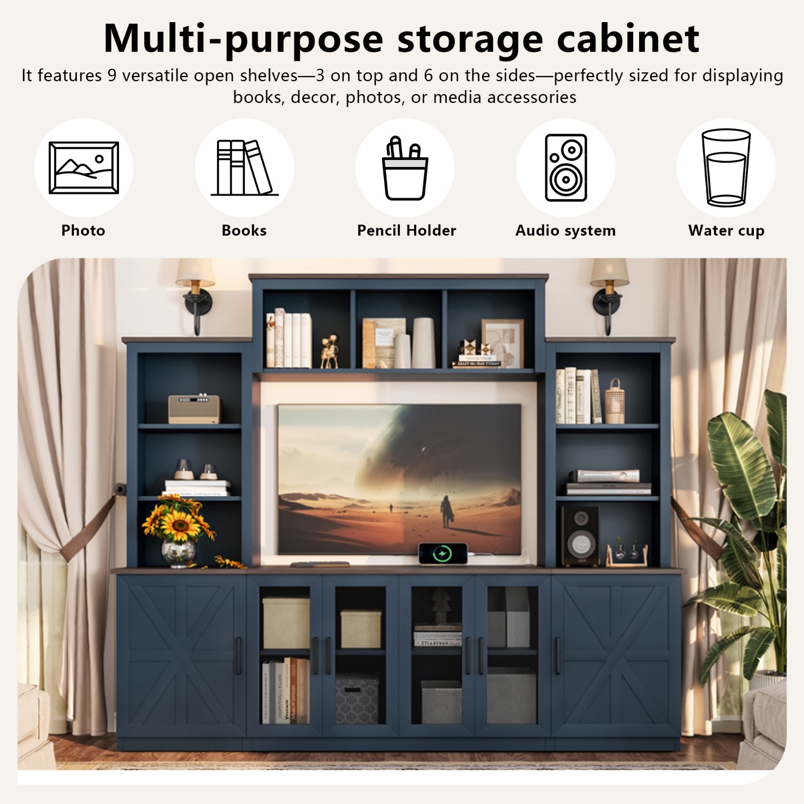 Blue Wall Unit Entertainment Center with Charging Station USB Storage TV Stand