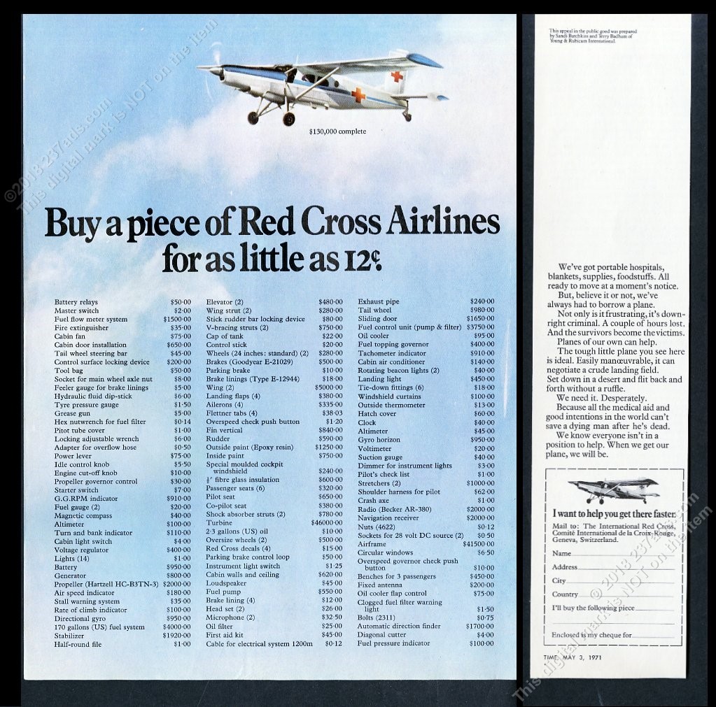 1971 Red Cross Airlines ambulance plane photo and price list vintage print ad