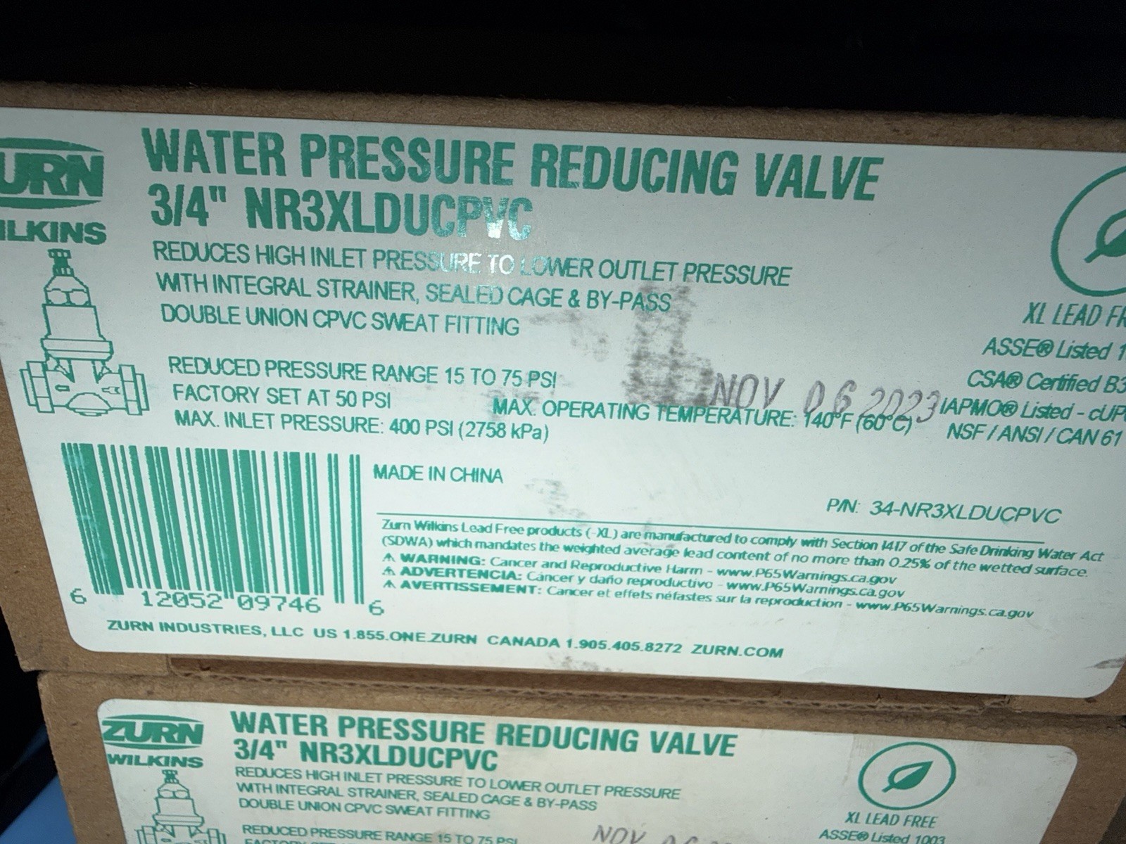 Zurn Wilkins 3/4 in. NR3XLDUCPVC Pressure Reducing Valve