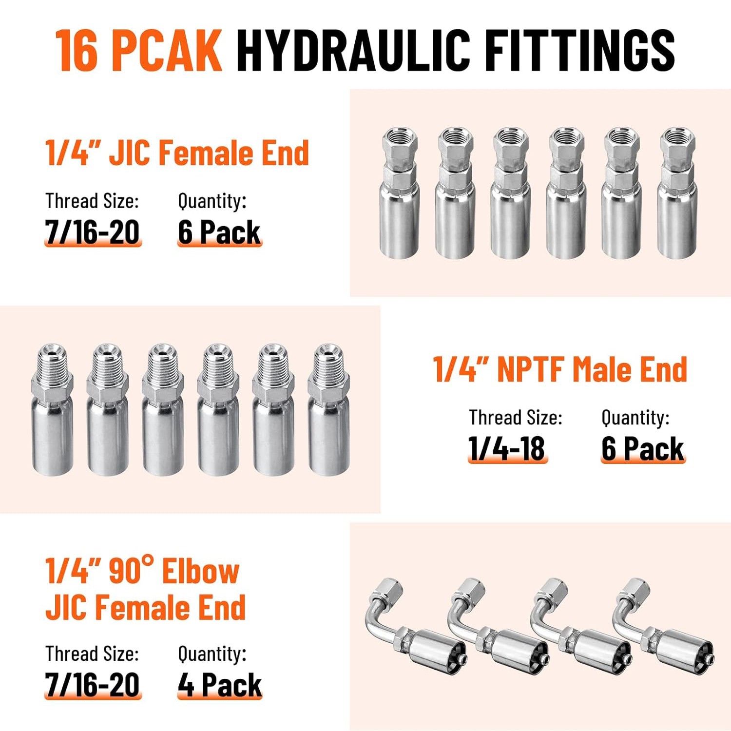 33FT 1/4" Hydraulic Hose w/ 16 Fittings (JIC Female & NPTF Male & JIC Female 90°