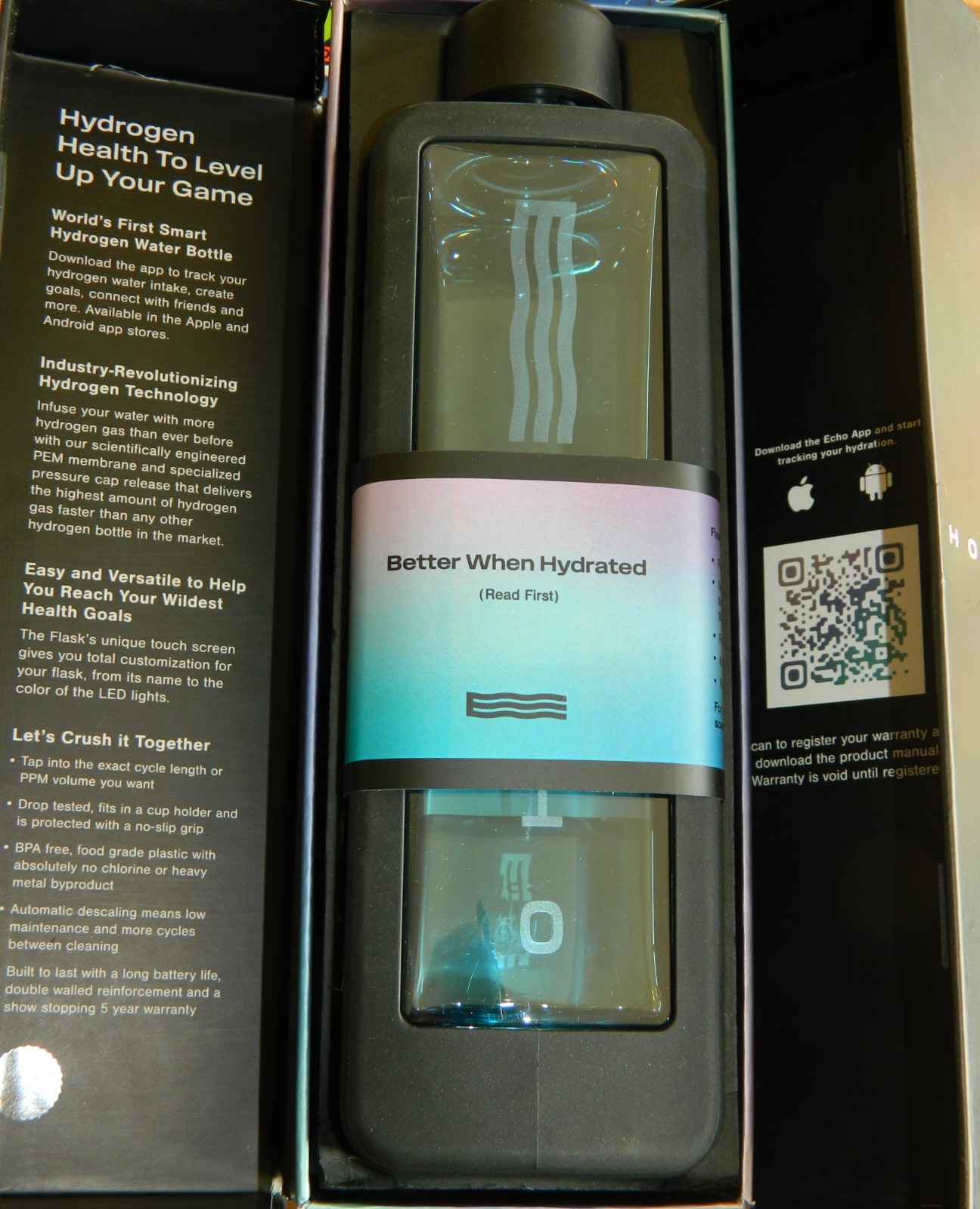 NEW Echo Flask Hydrogen Water Bottle ZERO FILLS Cable & Charger box