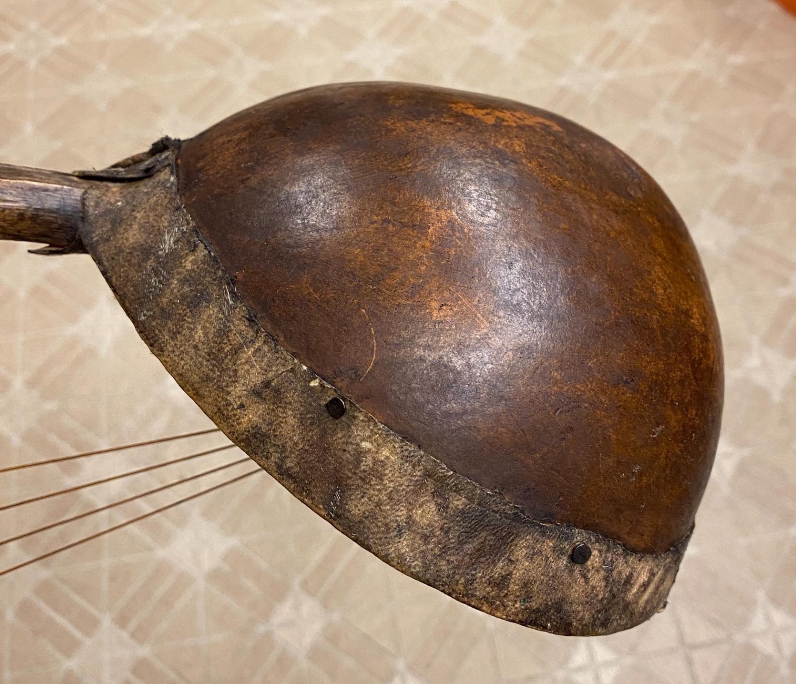 Antique African Adungu 4 String Hand Made Gourd Hide Wood Bow Harp Instrument