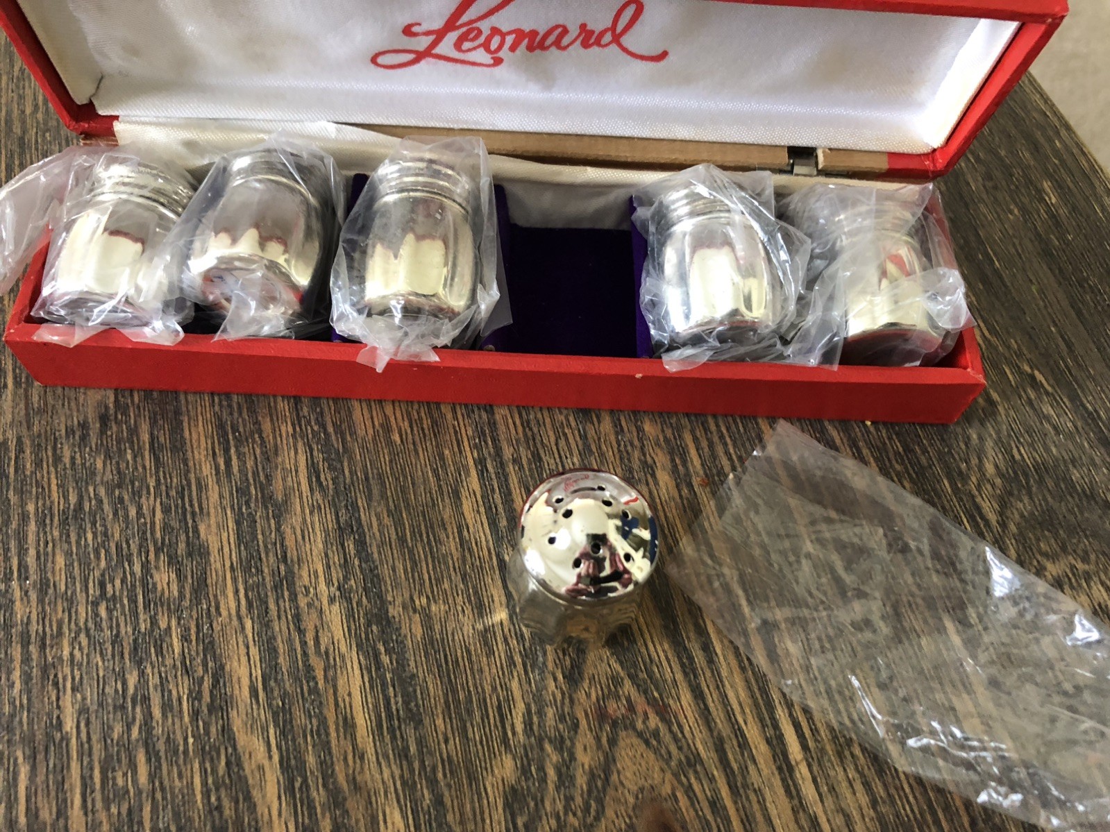 Vtg. Leonard Japan Salt Pepper Mini Shakers 6 Piece Silver Plated Original Box