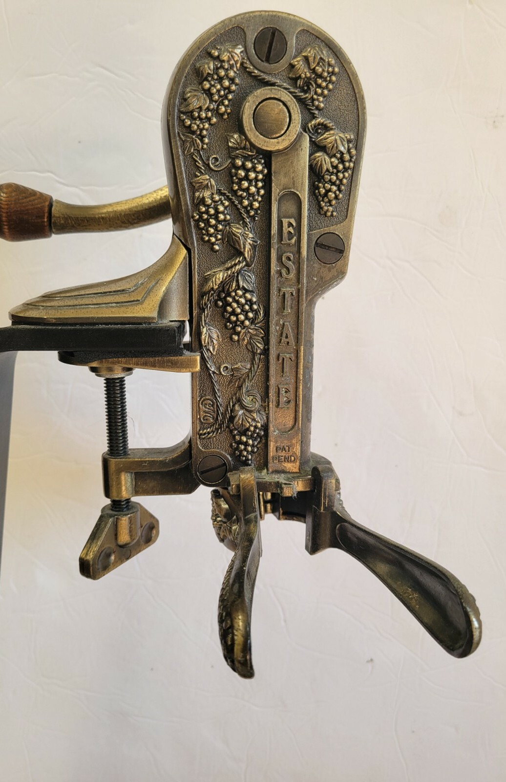 Rogar Estate Antique Brass Table Top Wine Bottle Opener w/ Wood Stand Corkscrew