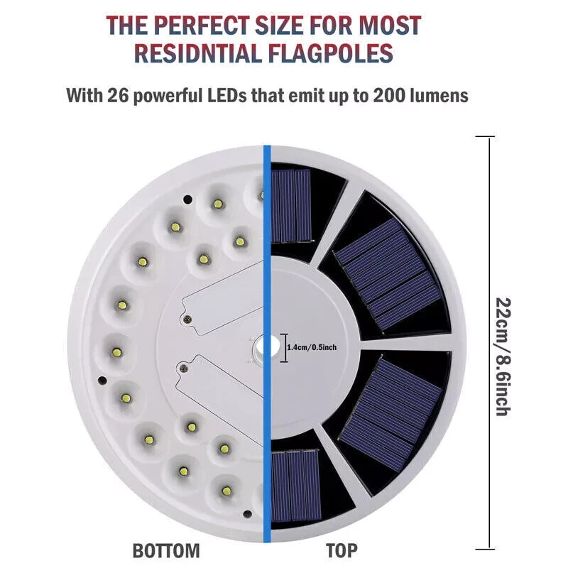 26 LED Solar Powered Flag Pole Light Auto Active Super Bright Outdoor Waterproof