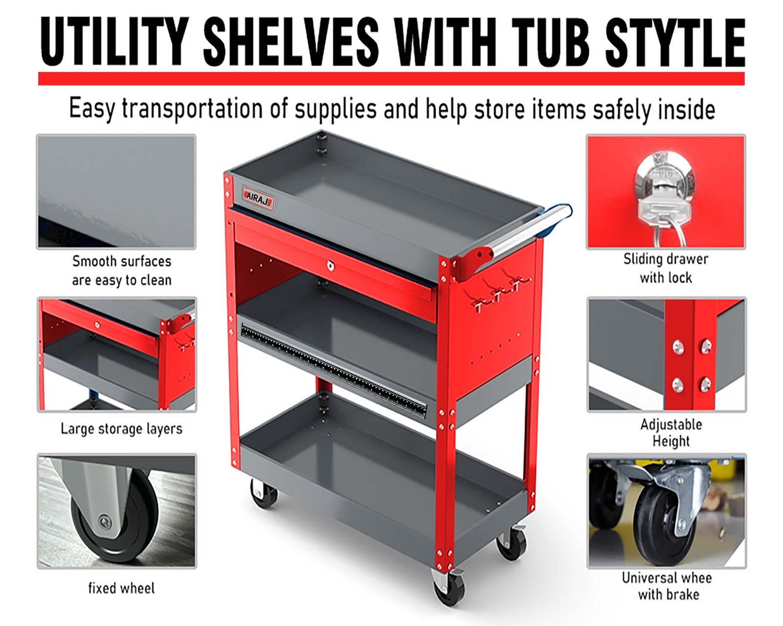 Rolling Cart with Wheels,3 Tier Mechanic Tool Cart with Drawers,440LBS Heavy