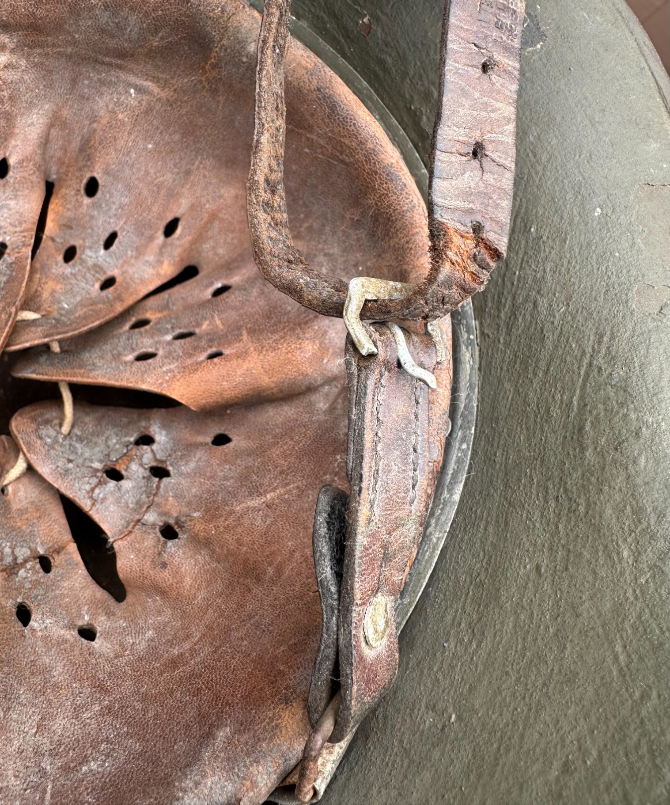 WWI WWII German M18 Combat helmet - thick camo finish - 1938 chinstrap