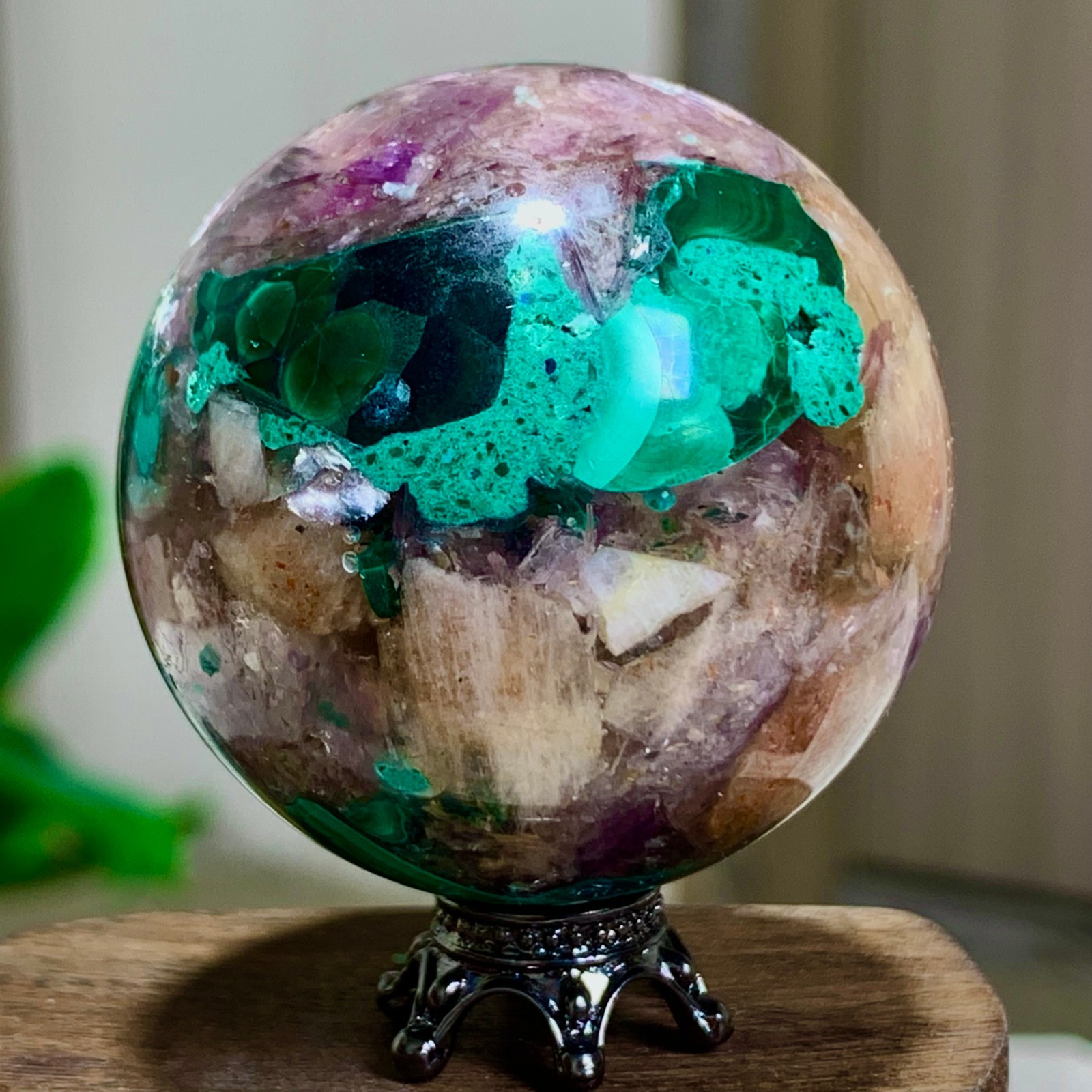 94G Newly discovered rare malachite purple mica symbiotic sphere restoration
