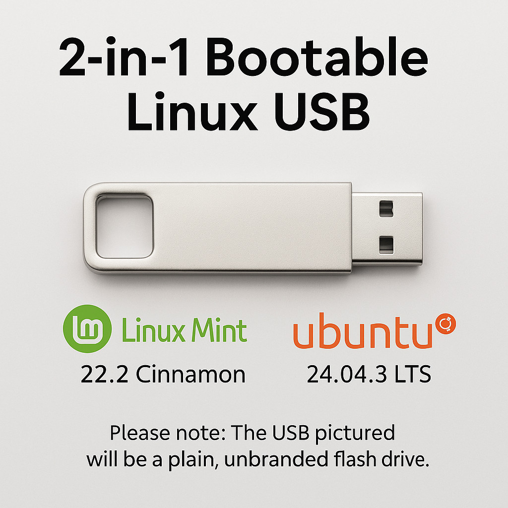 Linux Mint 22.2 Cinnamon + Ubuntu 24.04.3 LTS - Bootable / Live USB / 2-in-1