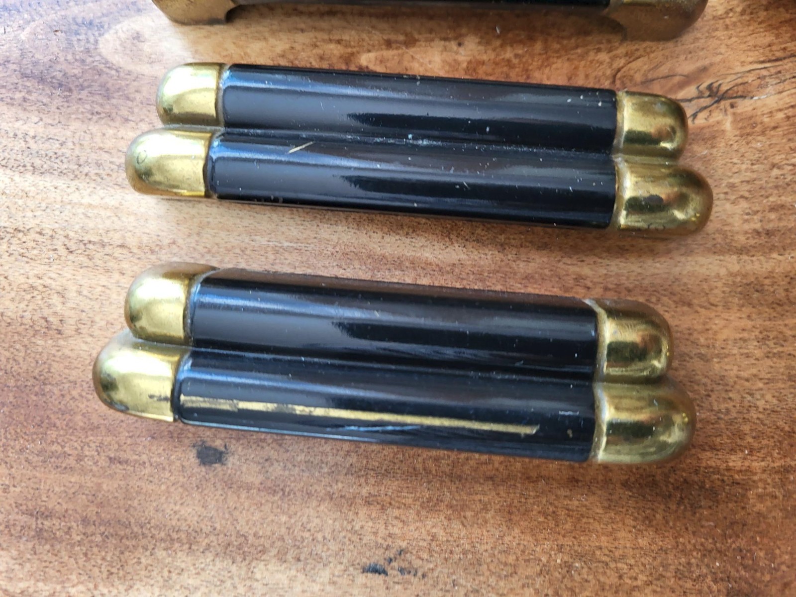6 vintage art deco style, black & brass dresser handles / pulls