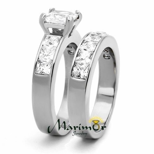 Stainless Steel Wedding Ring Set 3.75 Ct Princess Cut AAA CZ Women's Size 5-11