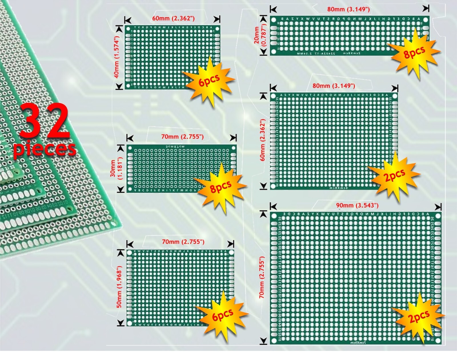 32pcs - Double Side Universal PCB Prototype Board Printed Circuit Protoboard DIY