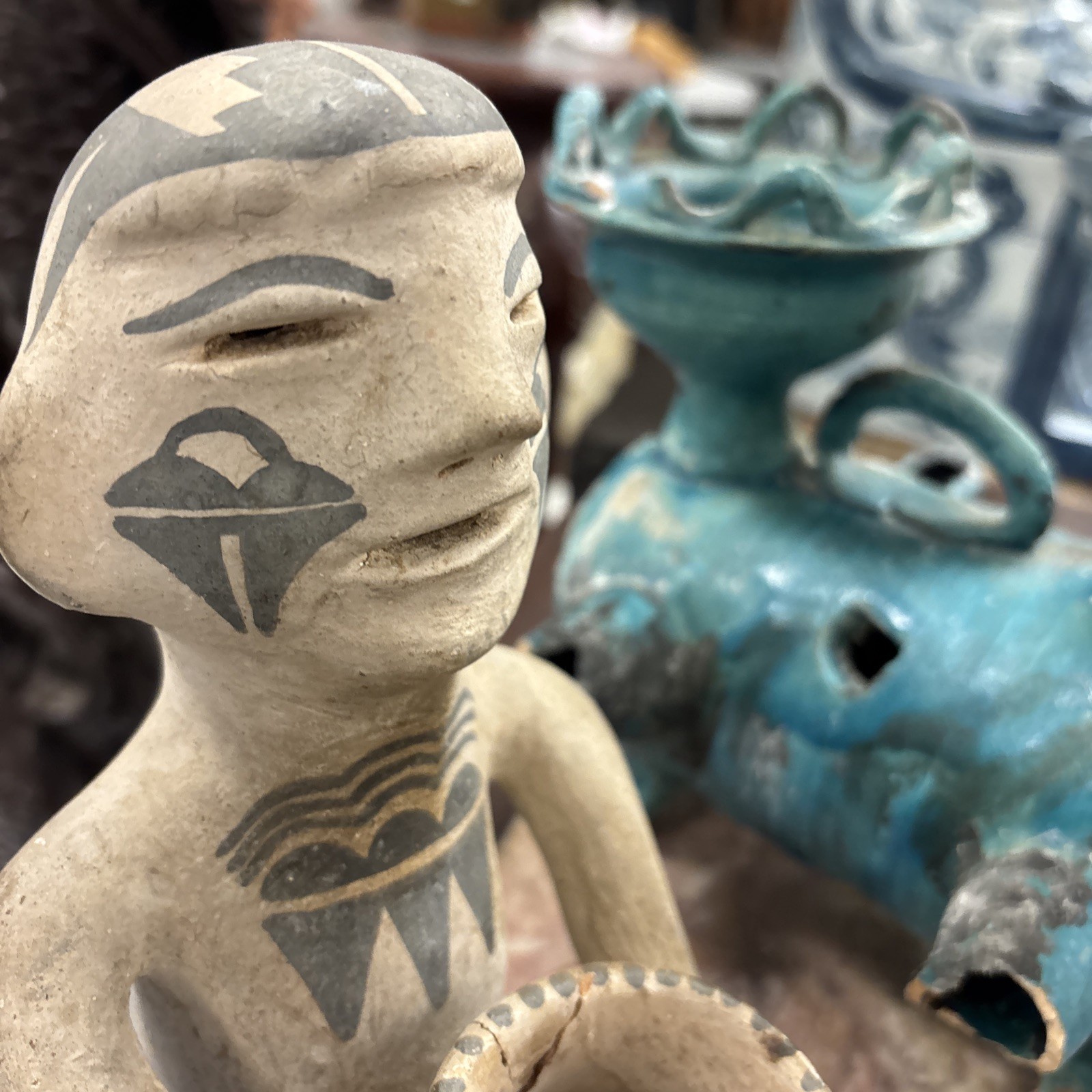 Late 1800s - Very Early 1900s Tesuque Pueblo Pottery Rain God 2 Pieces