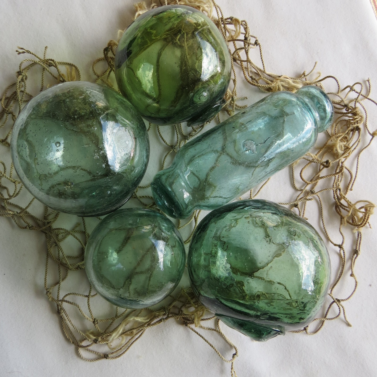 JAPANESE GLASS Fishing FLOATS Mixed Shades & Sizes (5) w/Inclusions Antiques!