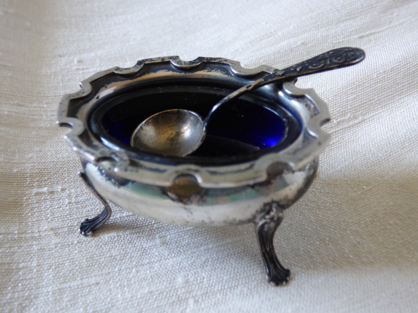 Sterling Silver Salt Cellar With Cobalt Blue Glass Liner & Spoon Webster Company