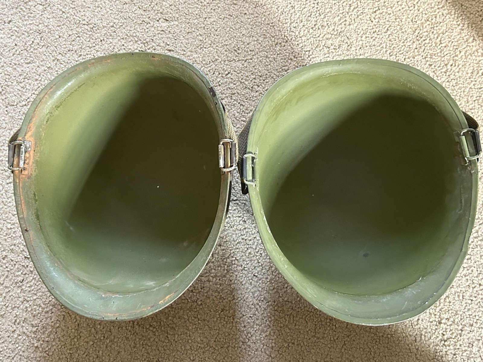 Lot of (2) Vintage Military Helmets 1970s-1980s Era Light Green 07 On Strap