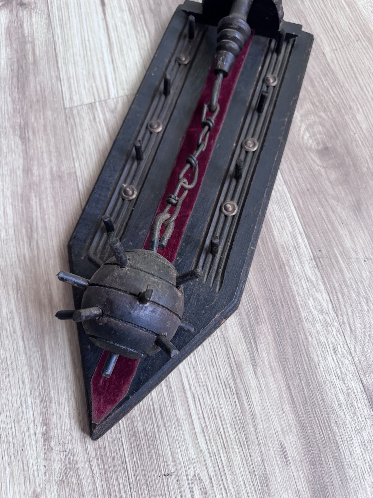 1960 Medieval Mace & Flail Wall Decor Wood Plaque Removable Weapon Vintage