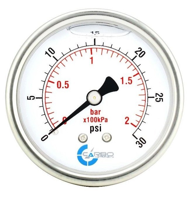 2.5" LIQUID FILLED PRESSURE GAUGE 0 - 30 PSI, STAINLESS STEEL CASE BACK MOUNT