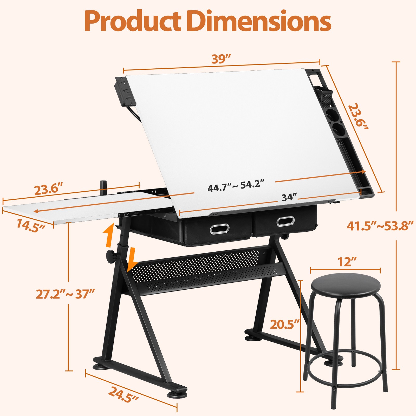 Drafting Table Drawing Desk Adjustable Tabletop w/Charging Station & Stool White
