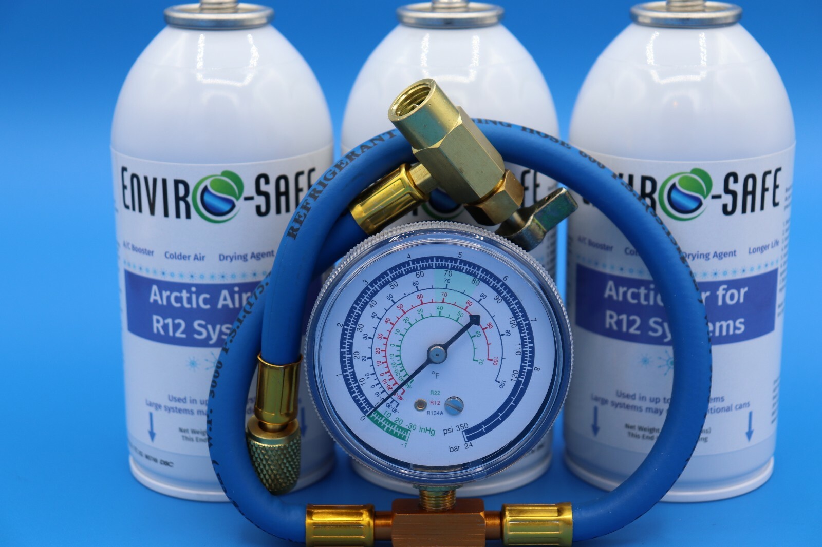 Envirosafe Arctic air for R12, Auto AC support, 3 cans & brass charging gauge