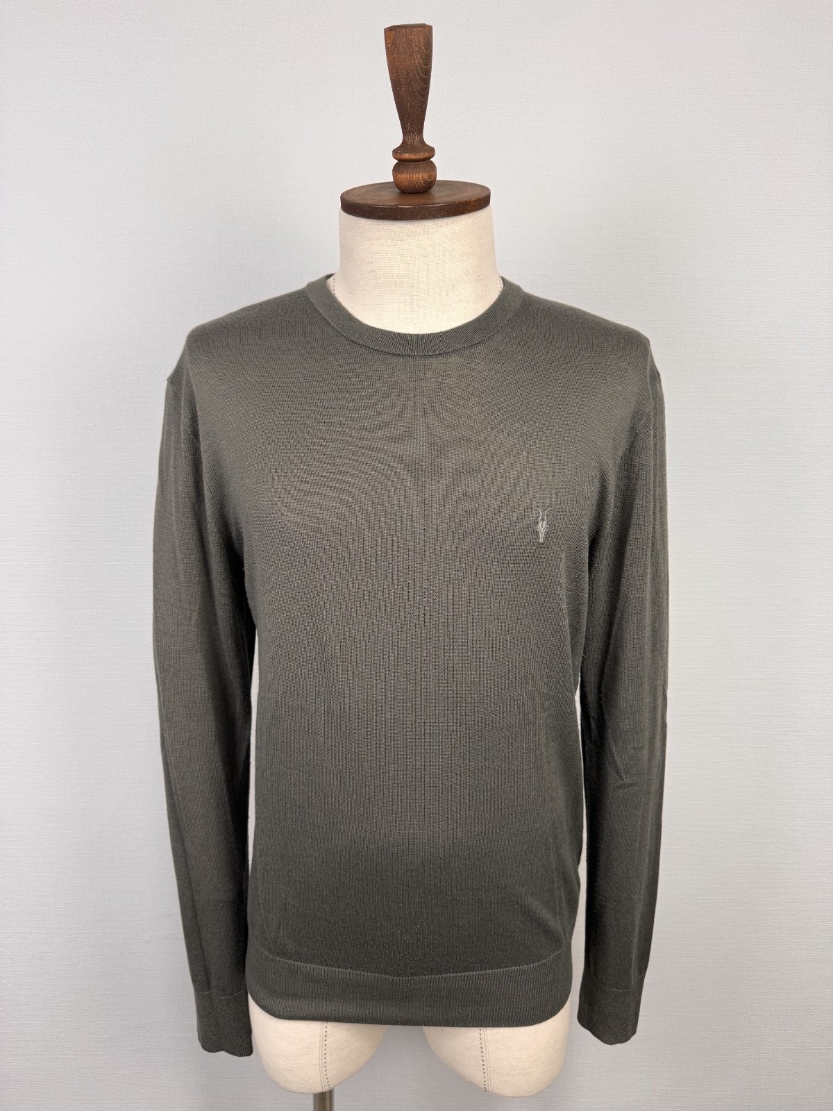ALLSAINTS Green Long Sleeve Small Embroidered Logo Light Knit Sweater Sz L