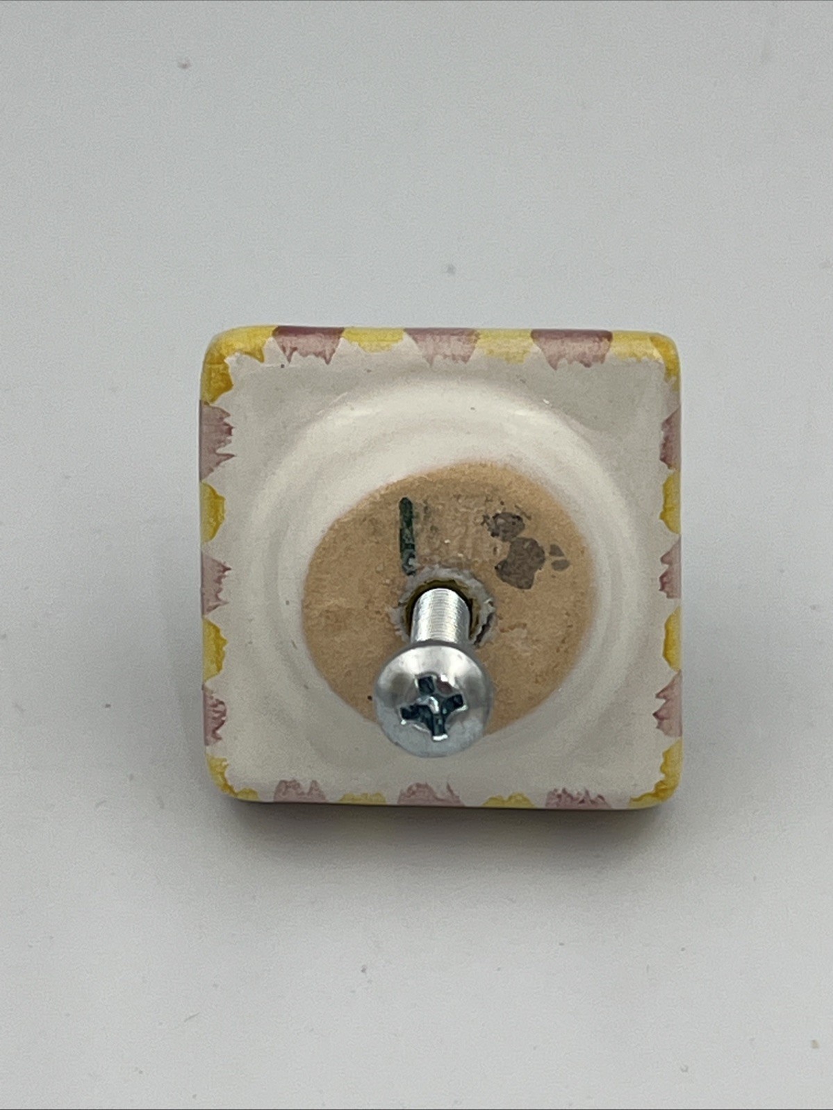 Mackenzie Childs 1.5” Petite Pink Yellow Check Green Swirl Square Knob Pull